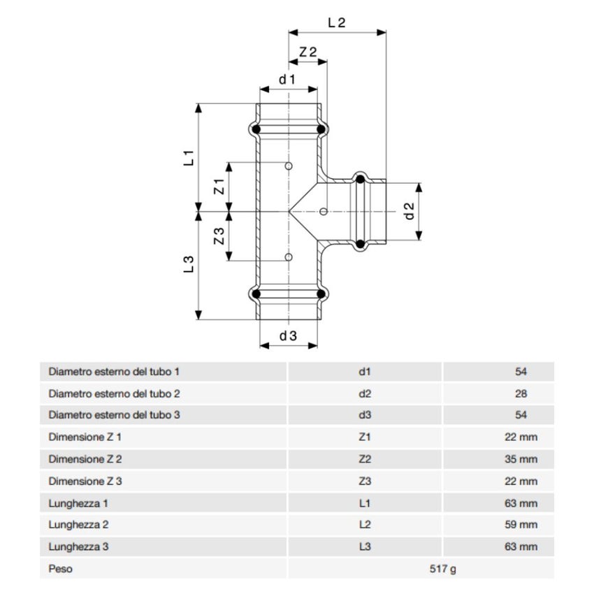 Immagine di Viega  PROFIPRESS G raccordo a T con Ø 54 x 28 x 54,  in rame lucido con sc-contur (gas) 664572