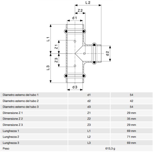 Immagine di Viega PROFIPRESS raccordo a T Ø 54 x 42 rame lucido con sc-contur rame (acqua) 292072