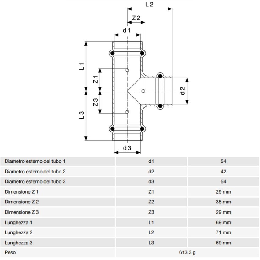 Immagine di Viega PROFIPRESS raccordo a T Ø 54 x 42 rame lucido con sc-contur rame (acqua) 292072