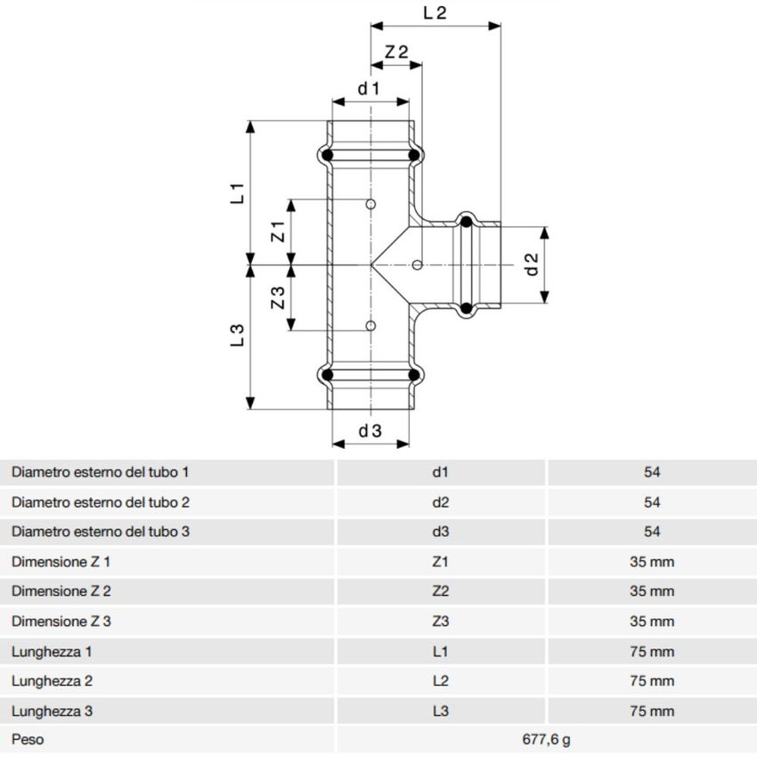 Immagine di Viega PROFIPRESS raccordo a T Ø 54 rame lucido con sc-contur rame (acqua) 292003
