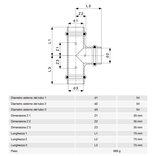 Immagine di Viega  PROFIPRESS G raccordo a T con Ø 54,  in rame lucido con sc-contur (gas) 345990