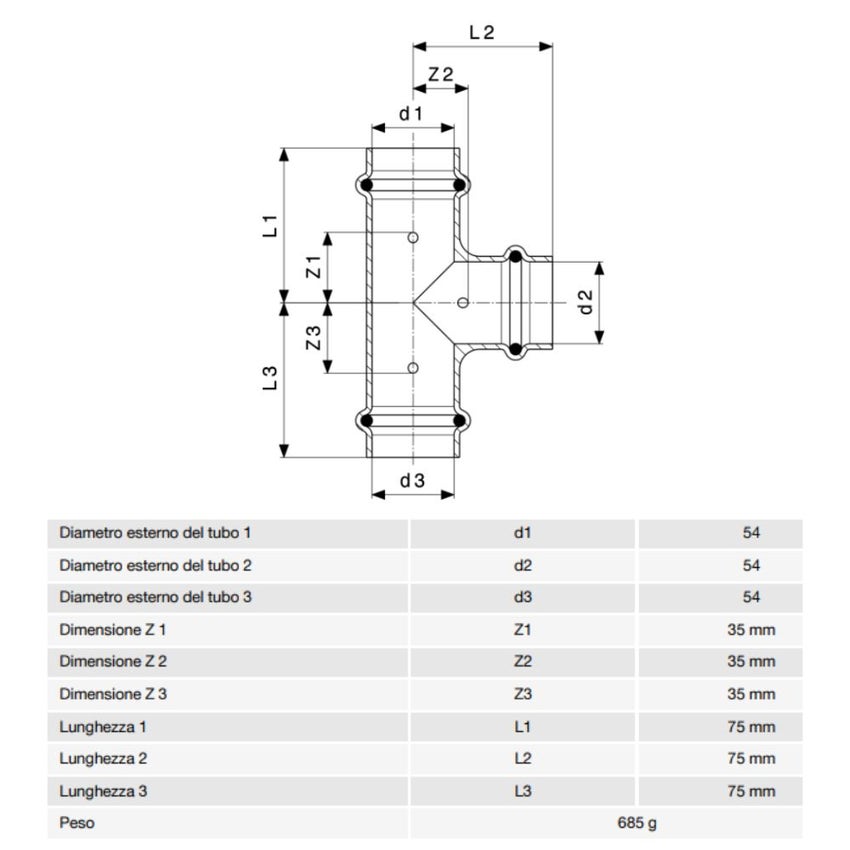 Immagine di Viega  PROFIPRESS G raccordo a T con Ø 54,  in rame lucido con sc-contur (gas) 345990