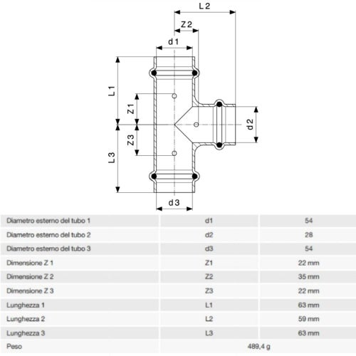 Immagine di Viega PROFIPRESS raccordo a T Ø 54 x 28 rame lucido con sc-contur rame (acqua) 324926