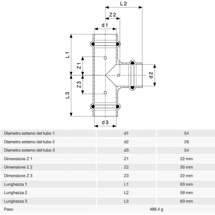 Immagine di Viega PROFIPRESS raccordo a T Ø 54 x 28 rame lucido con sc-contur rame (acqua) 324926