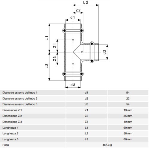 Immagine di Viega PROFIPRESS raccordo a T Ø 54 x 22 rame lucido con sc-contur rame (acqua) 324919