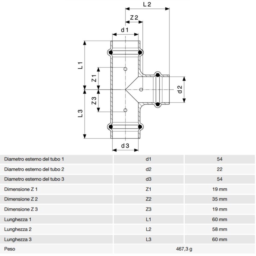 Immagine di Viega PROFIPRESS raccordo a T Ø 54 x 22 rame lucido con sc-contur rame (acqua) 324919