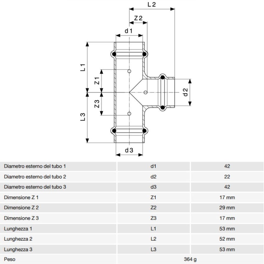 Immagine di Viega PROFIPRESS raccordo a T Ø 42 x 22 rame lucido con sc-contur rame (acqua) 324902