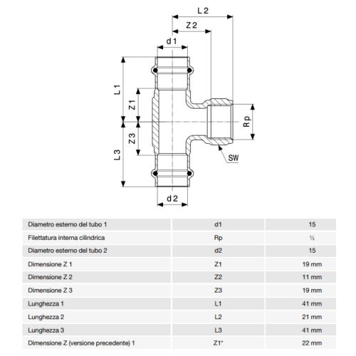 Immagine di Viega PROFIPRESS G raccordo a T con Ø 15 x 1/2", in bronzo lucido con sc-contur (gas) 352707