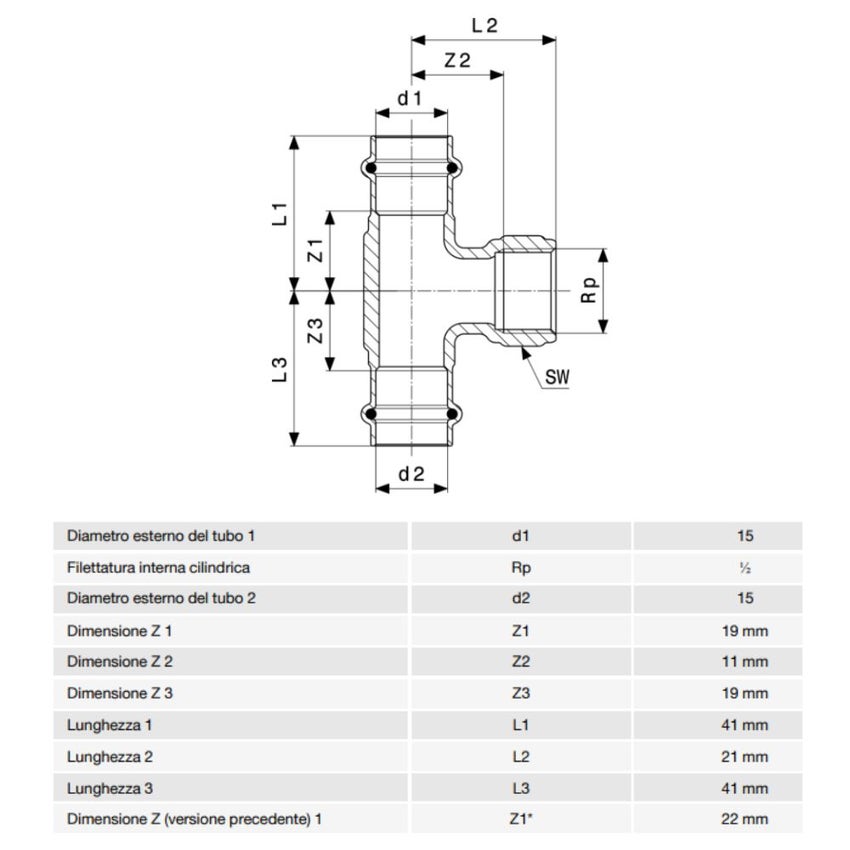 Immagine di Viega PROFIPRESS G raccordo a T con Ø 15 x 1/2", in bronzo lucido con sc-contur (gas) 352707
