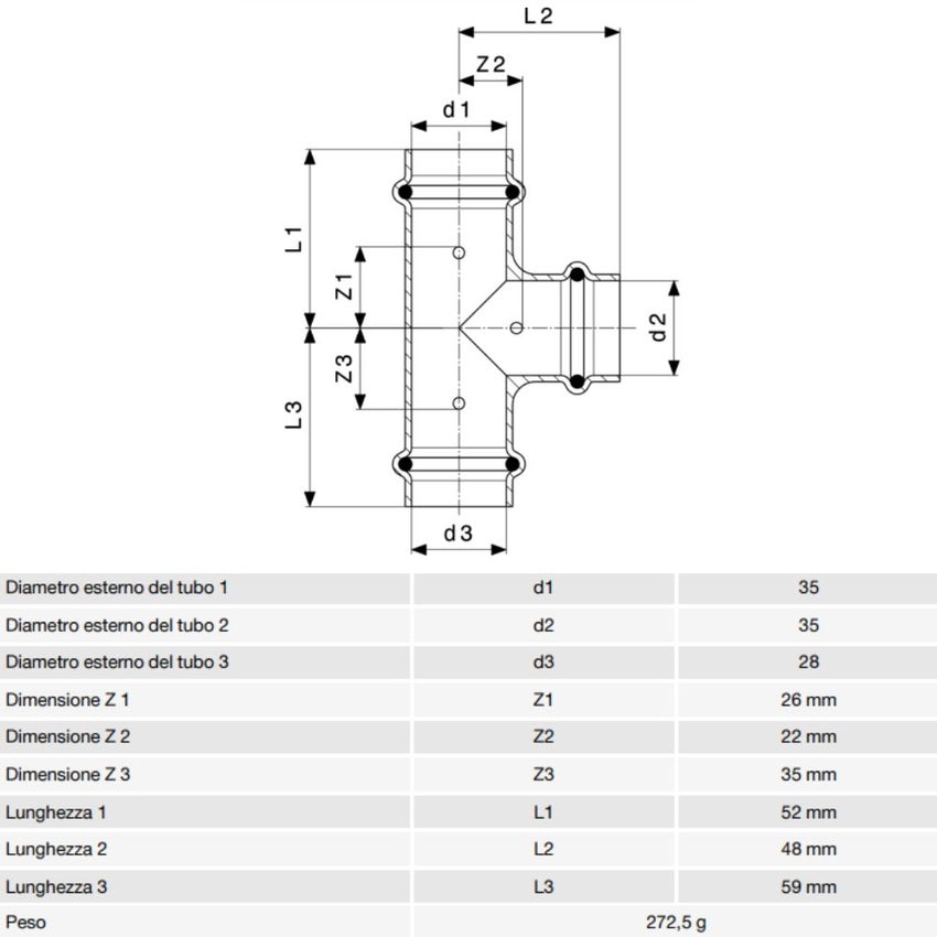 Immagine di Viega PROFIPRESS raccordo a T Ø 35 x 28  rame lucido con sc-contur rame (acqua) 365080