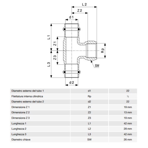 Immagine di Viega PROFIPRESS G raccordo a T con Ø 22 x 1/2", in bronzo lucido con sc-contur (gas) 352721