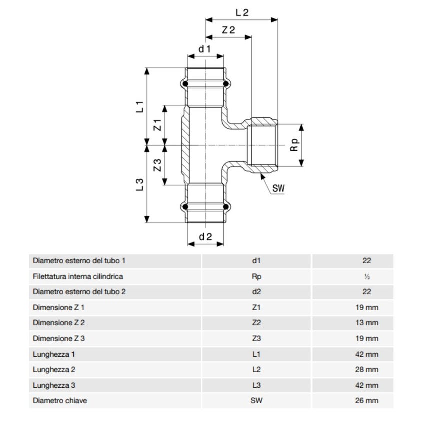 Immagine di Viega PROFIPRESS G raccordo a T con Ø 22 x 1/2", in bronzo lucido con sc-contur (gas) 352721