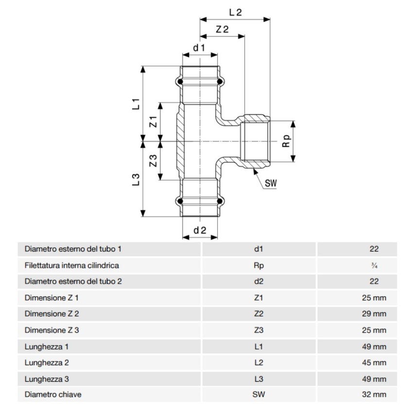 Immagine di Viega PROFIPRESS G raccordo a T con Ø 22 x 3/4", in bronzo lucido con sc-contur (gas) 352738