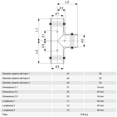 Immagine di Viega PROFIPRESS raccordo a T Ø 35 x 22 rame lucido con sc-contur rame (acqua) 292034