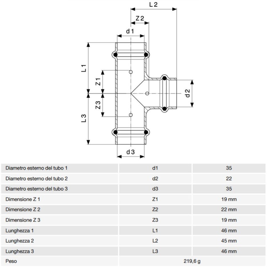 Immagine di Viega PROFIPRESS raccordo a T Ø 35 x 22 rame lucido con sc-contur rame (acqua) 292034