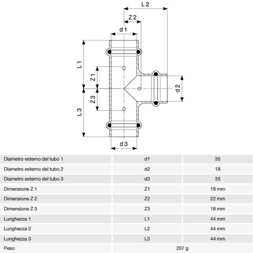 Immagine di Viega PROFIPRESS raccordo a T Ø 35 x 18 rame lucido con sc-contur rame (acqua) 324872