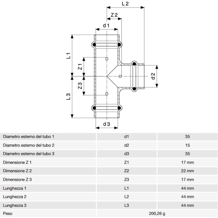 Immagine di Viega PROFIPRESS raccordo a T Ø 35 x 15 rame lucido con sc-contur rame (acqua) 324865