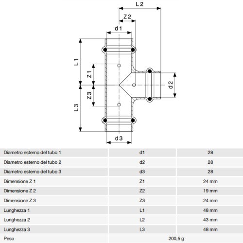 Immagine di Viega PROFIPRESS raccordo a T Ø 28 rame lucido con sc-contur rame (acqua) 291976