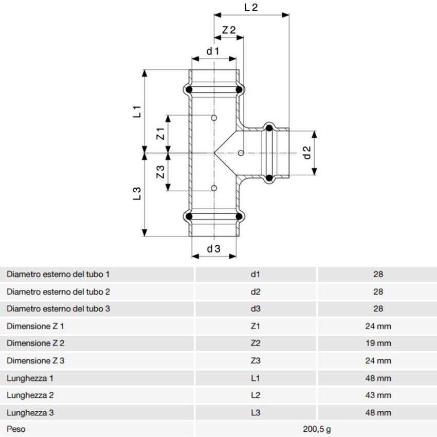 Immagine di Viega PROFIPRESS raccordo a T Ø 28 rame lucido con sc-contur rame (acqua) 291976