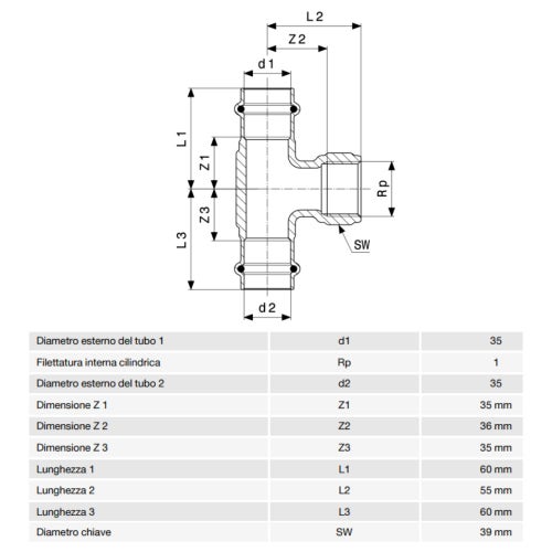 Immagine di Viega PROFIPRESS G raccordo a T con Ø 35 x 1", in bronzo lucido con sc-contur (gas) 361327