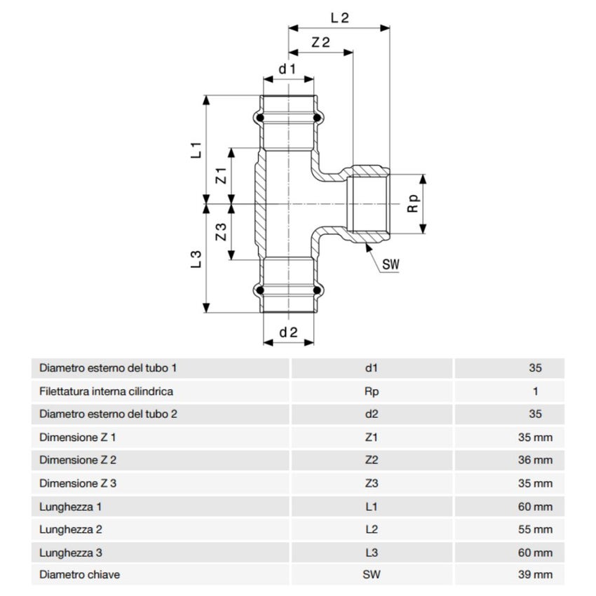 Immagine di Viega PROFIPRESS G raccordo a T con Ø 35 x 1", in bronzo lucido con sc-contur (gas) 361327