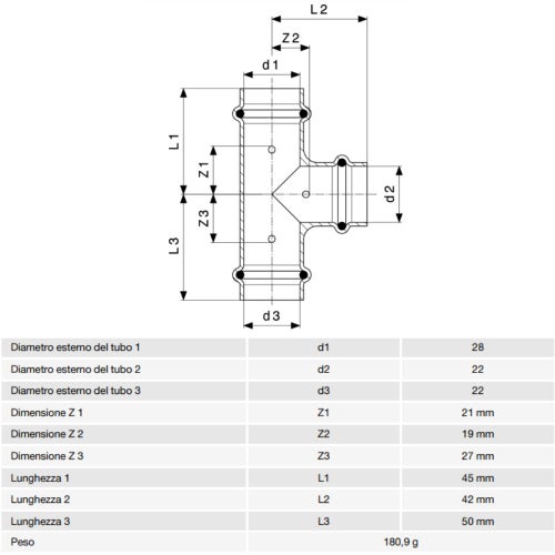 Immagine di Viega PROFIPRESS raccordo a T Ø 28 x 22 rame lucido con sc-contur rame (acqua) 307899