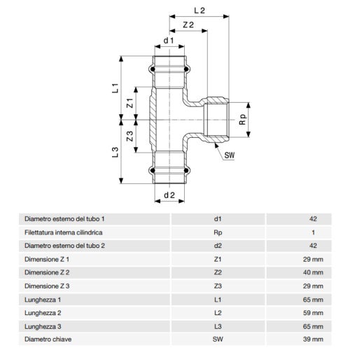 Immagine di Viega PROFIPRESS G raccordo a T con Ø 42 x 1", in bronzo lucido con sc-contur (gas) 361334