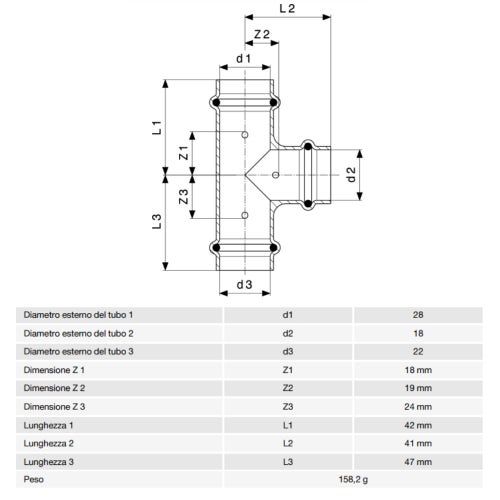 Immagine di Viega PROFIPRESS raccordo a T Ø 28 x 18 x 22 rame lucido con sc-contur rame (acqua) 324858