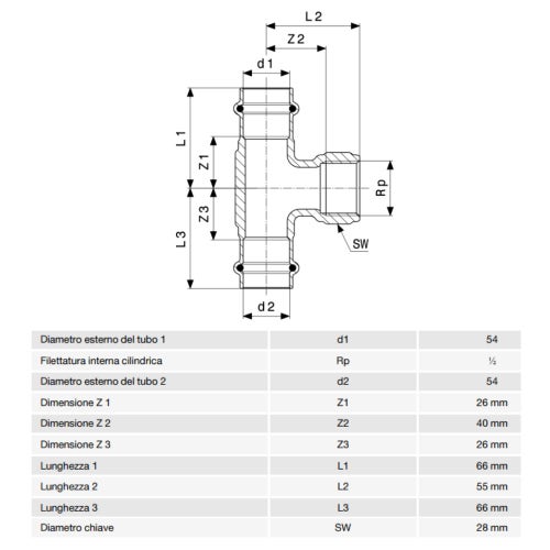 Immagine di Viega PROFIPRESS G raccordo a T con Ø 54 x 1/2", in bronzo lucido con sc-contur (gas) 352783