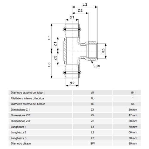 Immagine di Viega PROFIPRESS G raccordo a T con Ø 54 x 1", in bronzo lucido con sc-contur (gas) 361341