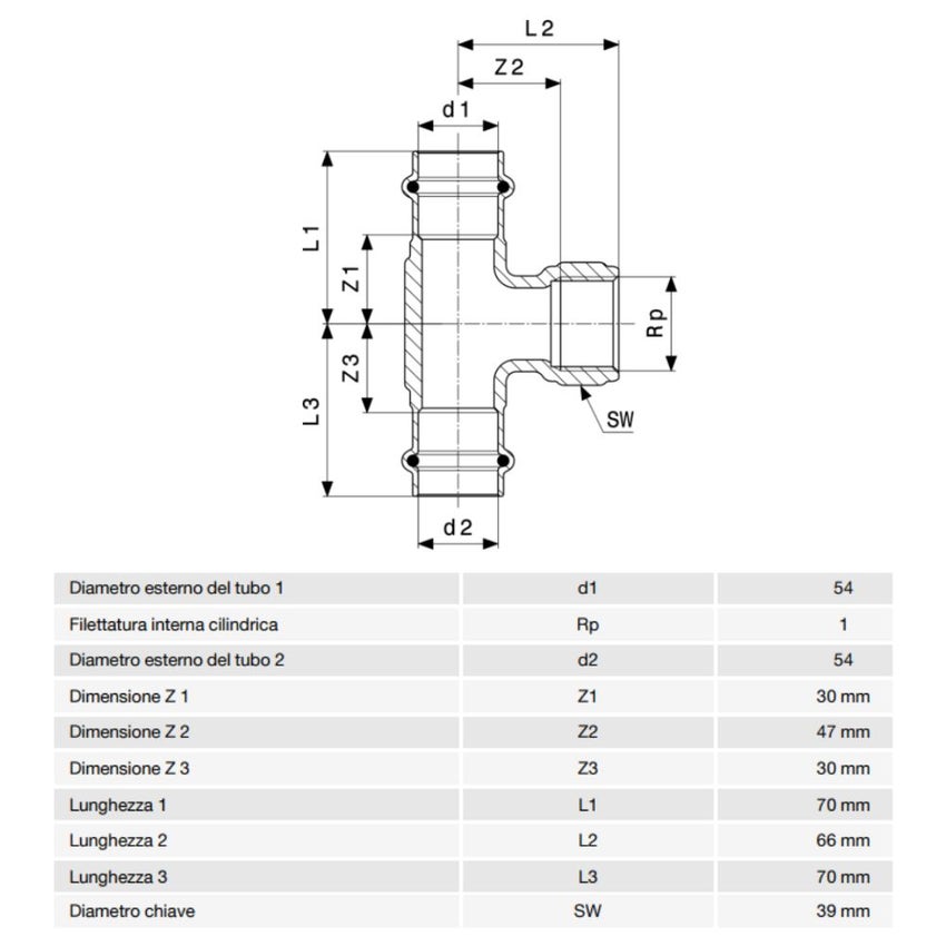 Immagine di Viega PROFIPRESS G raccordo a T con Ø 54 x 1", in bronzo lucido con sc-contur (gas) 361341