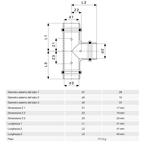 Immagine di Viega PROFIPRESS raccordo a T Ø 28 x 15 x 22 rame lucido con sc-contur rame (acqua) 324841