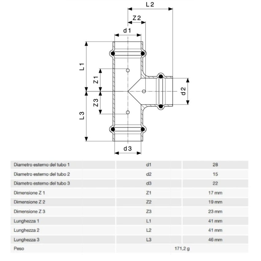 Immagine di Viega PROFIPRESS raccordo a T Ø 28 x 15 x 22 rame lucido con sc-contur rame (acqua) 324841