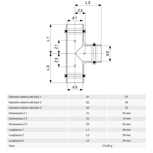 Immagine di Viega PROFIPRESS raccordo a T Ø 22 x 28 rame lucido con sc-contur rame (acqua) 322687