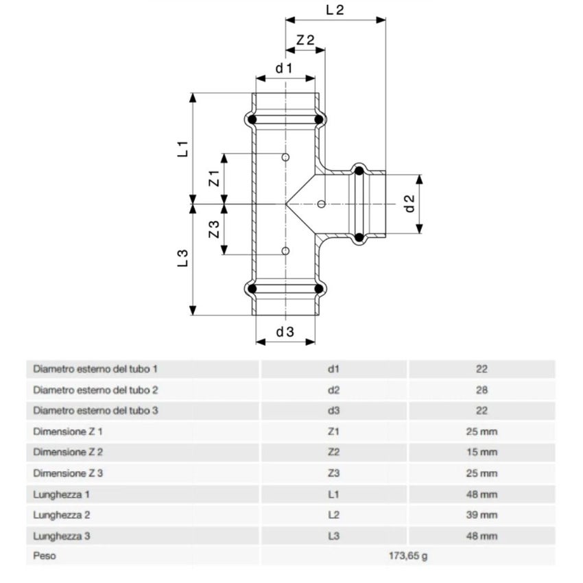 Immagine di Viega PROFIPRESS raccordo a T Ø 22 x 28 rame lucido con sc-contur rame (acqua) 322687