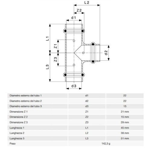 Immagine di Viega PROFIPRESS raccordo a T Ø 22 x 15 rame lucido con sc-contur rame (acqua) 315047