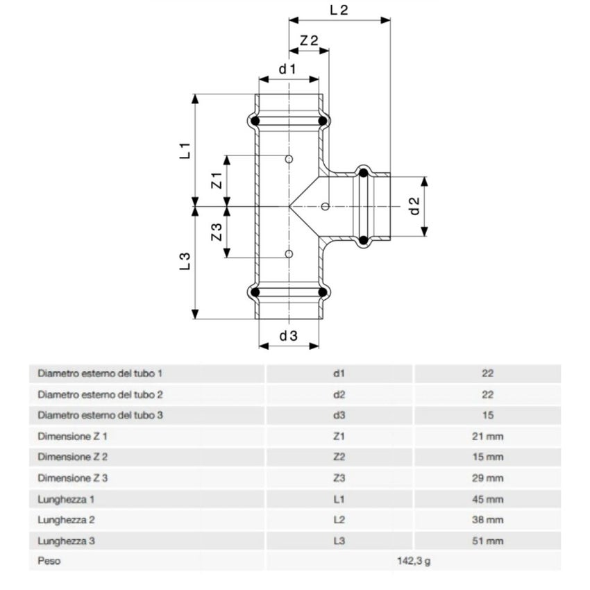 Immagine di Viega PROFIPRESS raccordo a T Ø 22 x 15 rame lucido con sc-contur rame (acqua) 315047