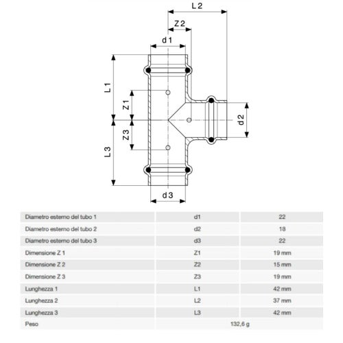 Immagine di Viega PROFIPRESS raccordo a T Ø 22 x 18 rame lucido con sc-contur rame (acqua) 291945