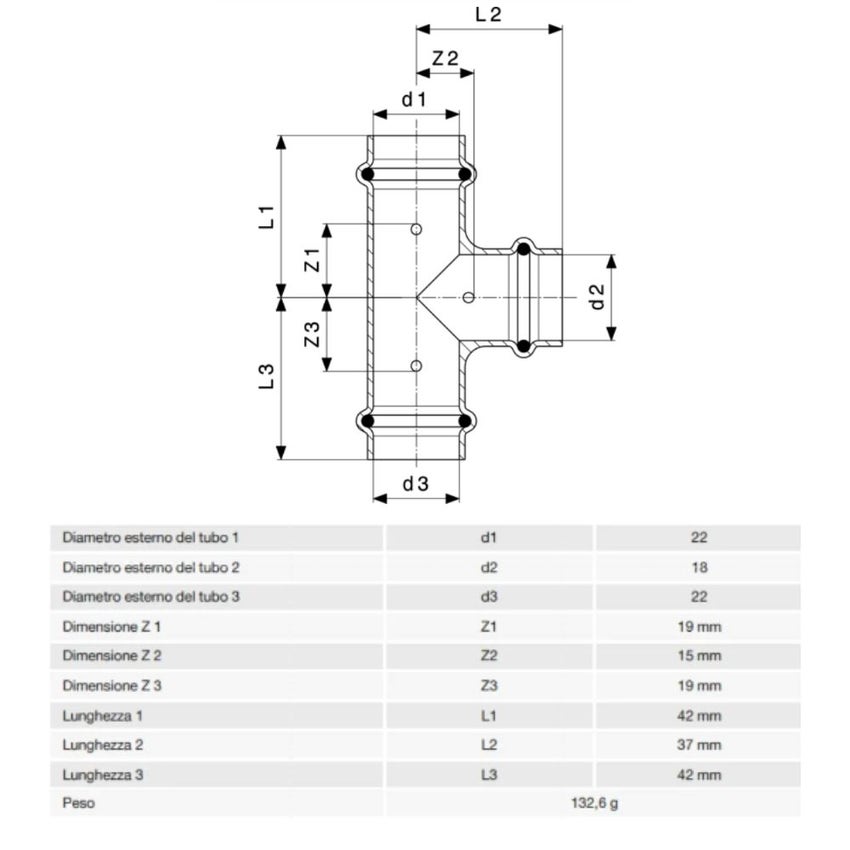 Immagine di Viega PROFIPRESS raccordo a T Ø 22 x 18 rame lucido con sc-contur rame (acqua) 291945