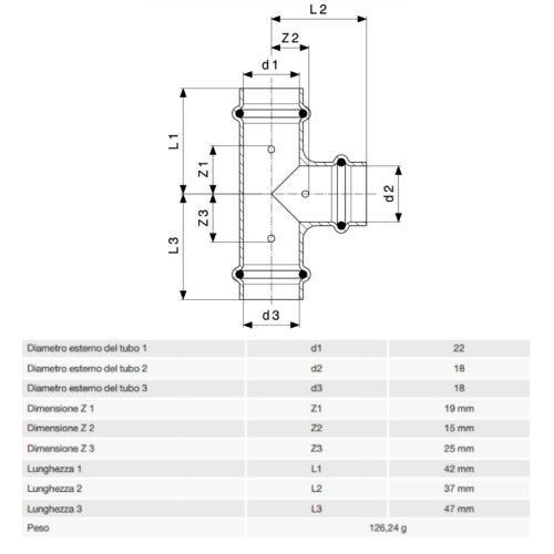 Immagine di Viega PROFIPRESS raccordo a T Ø 22 x 18 rame lucido con sc-contur rame (acqua) 315054