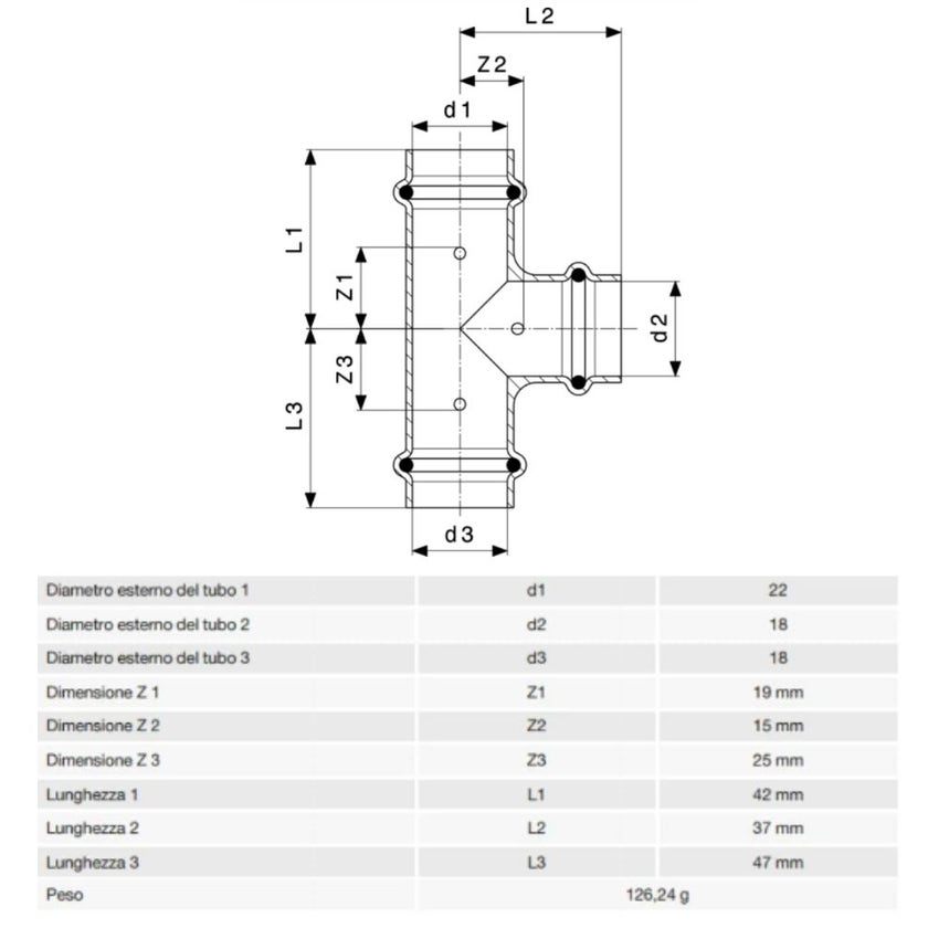Immagine di Viega PROFIPRESS raccordo a T Ø 22 x 18 rame lucido con sc-contur rame (acqua) 315054