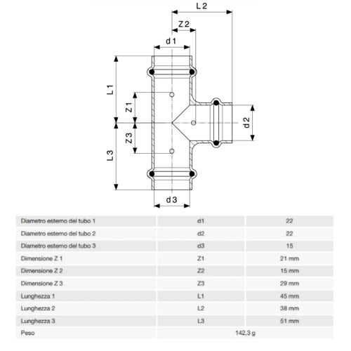 Immagine di Viega PROFIPRESS raccordo a T Ø 22 x 18 rame lucido con sc-contur rame (acqua) 315030