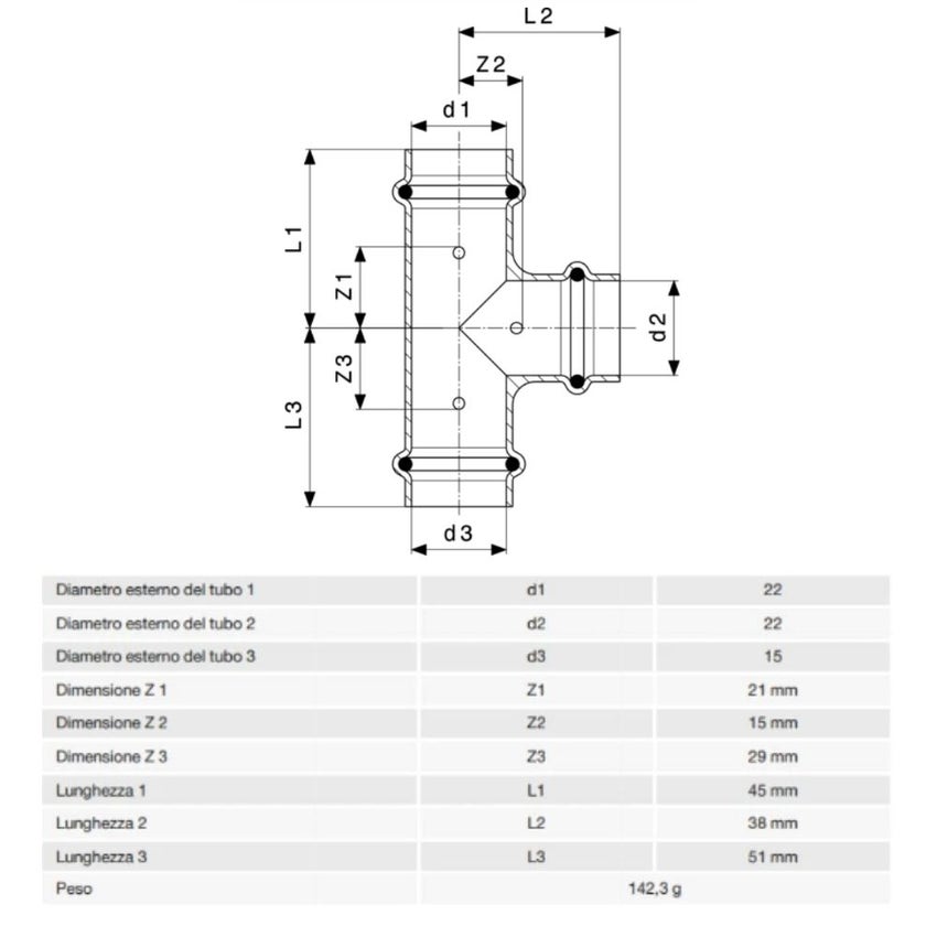 Immagine di Viega PROFIPRESS raccordo a T Ø 22 x 18 rame lucido con sc-contur rame (acqua) 315030