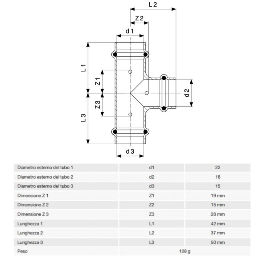 Immagine di Viega PROFIPRESS raccordo a T Ø 22 x 18 x 15 rame lucido con sc-contur rame (acqua) 315061