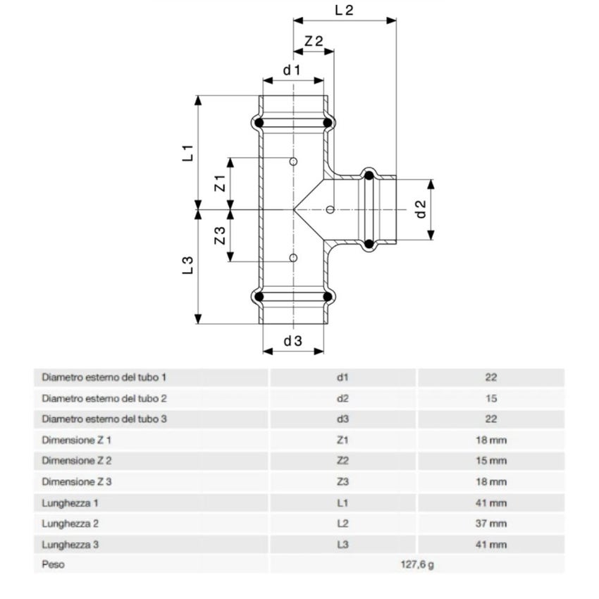 Immagine di Viega PROFIPRESS raccordo a T Ø 22 x 15 rame lucido con sc-contur rame (acqua) 292027