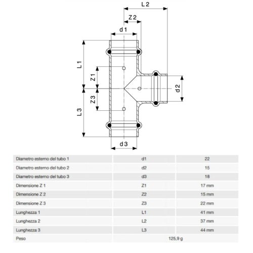 Immagine di Viega PROFIPRESS raccordo a T Ø 22 x 15 x 18 rame lucido con sc-contur rame (acqua) 315078