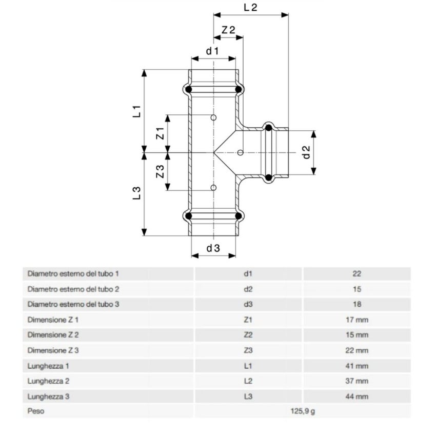 Immagine di Viega PROFIPRESS raccordo a T Ø 22 x 15 x 18 rame lucido con sc-contur rame (acqua) 315078