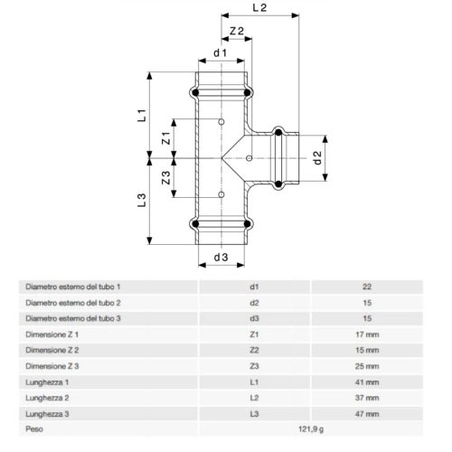 Immagine di Viega PROFIPRESS raccordo a T Ø 22 x 15 rame lucido con sc-contur rame (acqua) 292010