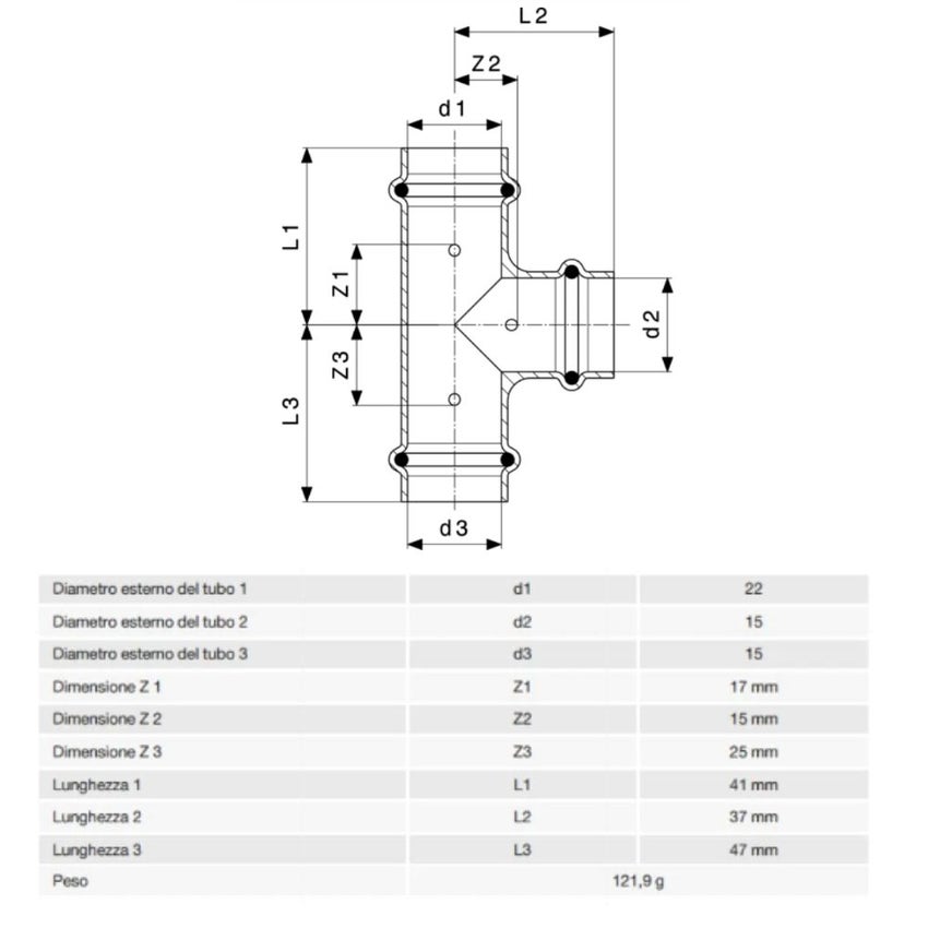 Immagine di Viega PROFIPRESS raccordo a T Ø 22 x 15 rame lucido con sc-contur rame (acqua) 292010