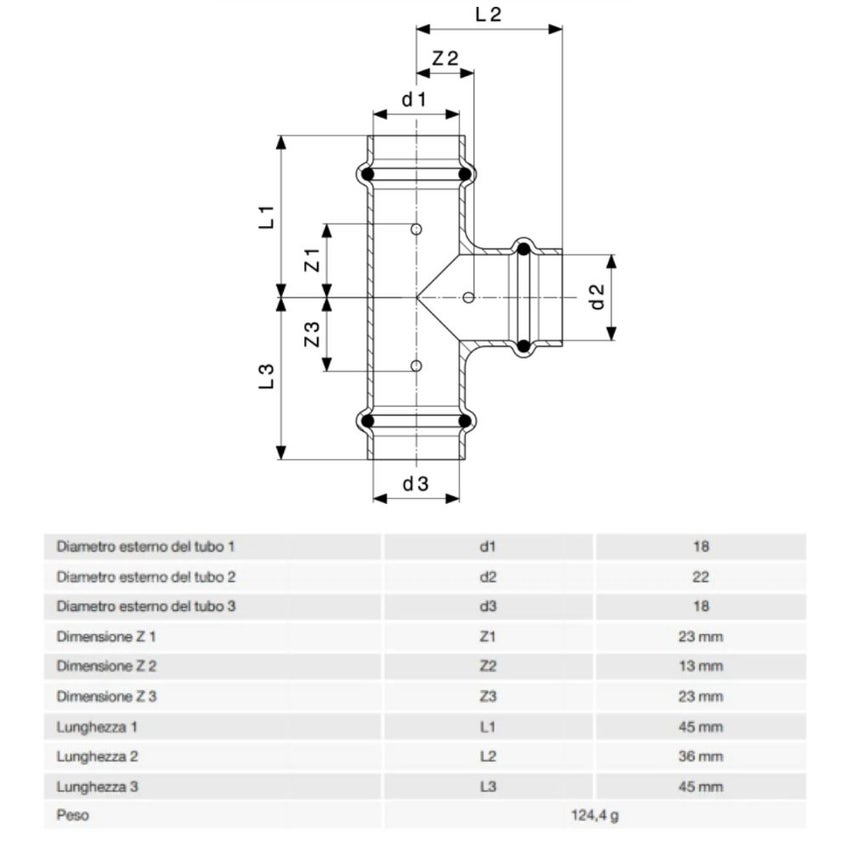 Immagine di Viega PROFIPRESS raccordo a T Ø 22 x 12 rame lucido con sc-contur rame (acqua) 324834